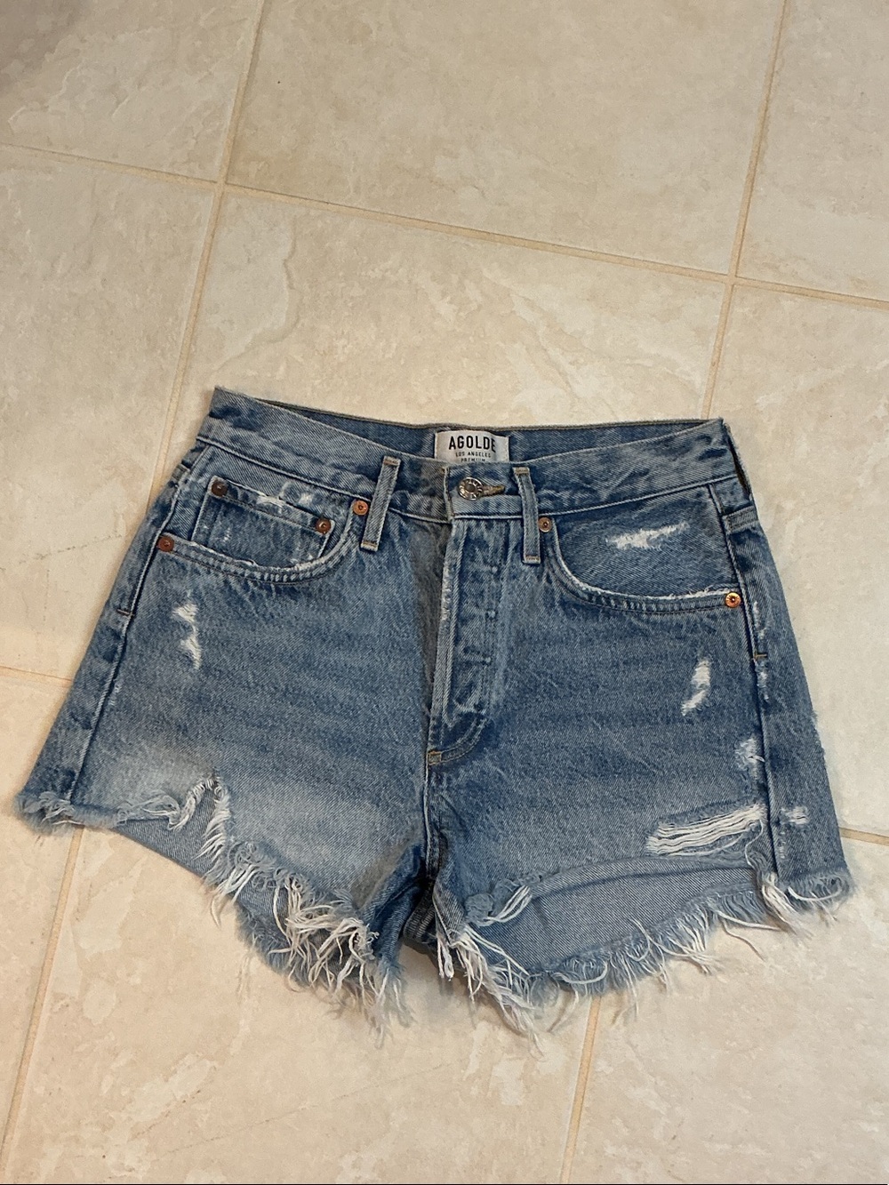 Agolde Medium Blue High-Rise Distressed Denim Shorts